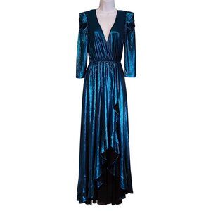 Retrofête Flora Dress Metallic Blue Wrap Event Cocktail Gown V-Neck Maxi XS